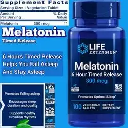 Melatonin, 6 Hour Timed Release, 300 mcg, Extended-Release Formula for Gentle Sleep Support, Healthy circadian Rhythms, Cellular Defense, Growth, 100 Tablets Melatonin 