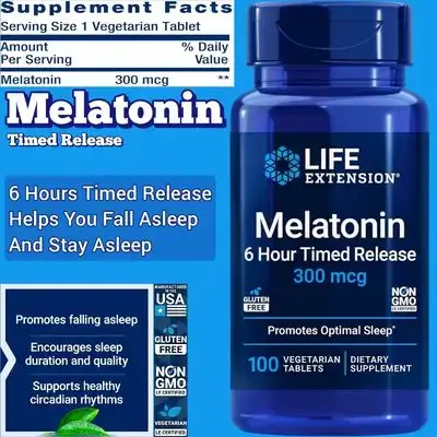 Melatonin, 6 Hour Timed Release, 300 mcg, Extended-Release Formula for Gentle Sleep Support, Healthy circadian Rhythms, Cellular Defense, Growth, 100 Tablets Melatonin