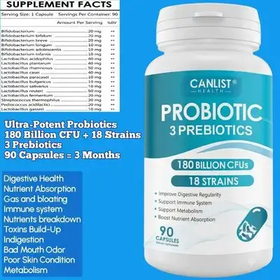 Probiotics, 180 Billion CFU, 18 Strains, 3 Prebiotics, Probiotic, Ultra Potency, one per day, digestive health, colon, nutrient breakdown & absorption, Immunity, skin health, bad mouth odor, 90 Capsules Probiotics