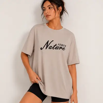 Casual T-shirt featuring a stylish “Nature Power” slogan print - Large