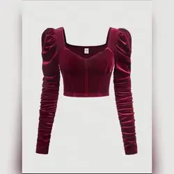 SHEIN Teen Girl's Wine Red Velvet Puff Sleeve T-Shirt - 8 Years