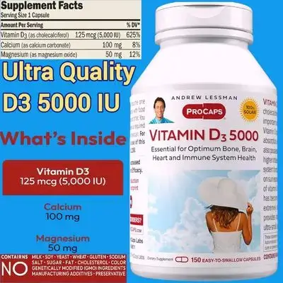 Andrew Lessman, Vitamin D, Vitamin D3, vitamin D3 5000 IU, Ultra Pure, Highest Quality, No Additives or Allergens, with Calcium and Magnesium, 150 Capsules D3 