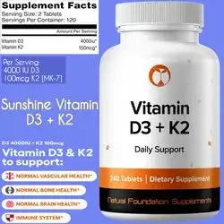 Vitamin D3+K2, D3 4000IU + K2 100mcg MK7, D3 K2, vitamin D, D3, k2, MK-7, 240 Tablets vitamin d3 k2