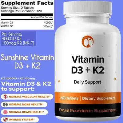 Vitamin D3+K2, D3 4000IU + K2 100mcg MK7, D3 K2, vitamin D, D3, k2, MK-7, 240 Tablets vitamin d3 k2