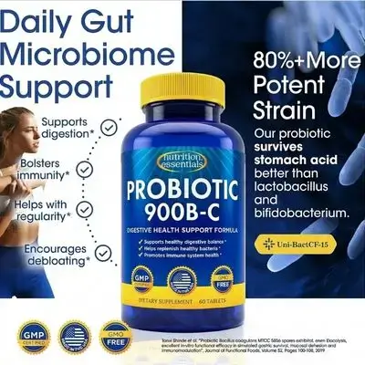 Nutrition Essentials Probiotics for Women and Men - with Lactase Enzyme and Prebiotic Fiber for Digestive Health - 80 Percent + More Potent Supplement for Gut Health Support - 900 BILLION CFU, 60 Tablets