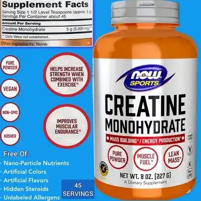 NOW Foods Sports Nutrition, Creatine Monohydrate Powder, Mass Building, Energy Production, Creatine Monohydrate, Pure Powder, No Fillers, 8-Ounce (227 grams), 45 Servings Creatine