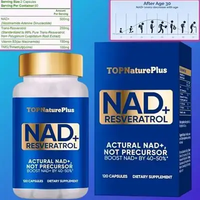 NAD+, 1000 mg Pure Organic, Highest NAD+ Resveratrol, Max Absorption for Energy and DNA Repair, Aging Defense, Brain Function Support, Cell Repair, Metabolism, 120 Caps nad