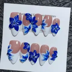10Pcs/Set Short Oval Elegant White French Design Handmade False Nails With 3D Embossed Blue Flowers, Medium size