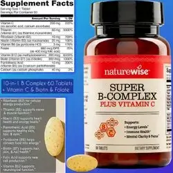 Super Vitamin B Complex, for Women and Men, with Vitamin C, Folic Acid Biotin B1 B2 B3 B6 B12, Folate, b complex, super b complex, Support Cellular Energy & Mental Clarity, Turns Food into Energy, 60 Tablets b complex