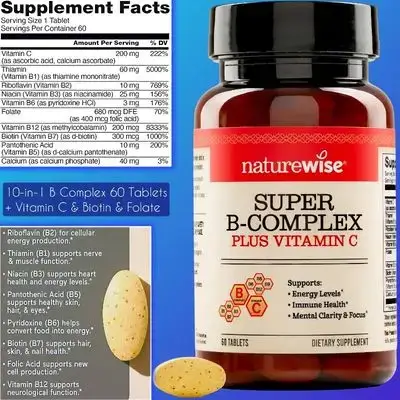 Super Vitamin B Complex, for Women and Men, with Vitamin C, Folic Acid Biotin B1 B2 B3 B6 B12, Folate, b complex, super b complex, Support Cellular Energy & Mental Clarity, Turns Food into Energy, 60 Tablets b complex