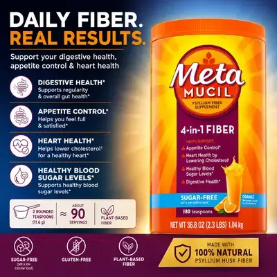 Metamucil, 4-in-1, Psyllium Husk, GLP-1 Friendly Fiber, Sugar-Free, 180 Servings, Orange Flavored, Fiber Powder, for Digestive Health, Blood sugar, Appetite, Heart Health, made with Plant-Based Psyllium Husk Fiber, 1.04kg psyllium Husk 