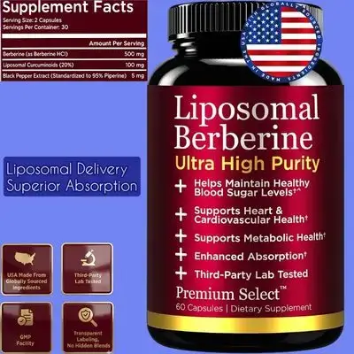 Liposomal Berberine HCL, for Men and Women, Third Party Tested, Made in USA, Liposomal Berberine, Liposomal Curcumin, Superior Absorption, Berberine HCl, 60 Capsules berberine