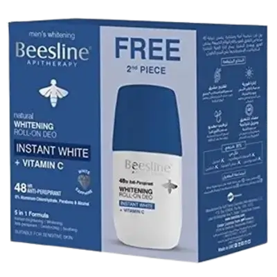 Natural Whitening Roll-On Deo Instant White + Vitamin C 48HR (1) 50ml + (1) 50ml Free _ Beesline