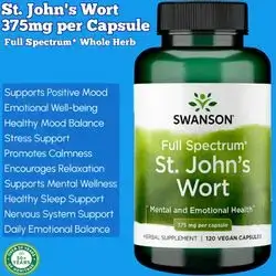 Swanson St. John's Wort, Full Spectrum Whole Herb Formula, st Johns wort, mood registration, emotional well-being, sleep, Calmness, Relaxation, Nervous System, 375mg, 120 Capsules