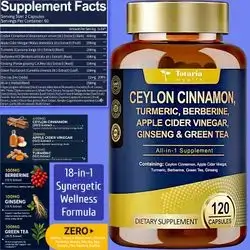 Organic Ceylon Cinnamon, with Berberine, Ceylon Cinnamon Supplement, Apple Cider Vinegar, Turmeric, Bitter Melon, Milk Thistle, for Metabolism, Energy, Heart, Detox, Weight Loss, Blood Sugar, 18 in 1, 120 Counts Ceylon Cinnamon