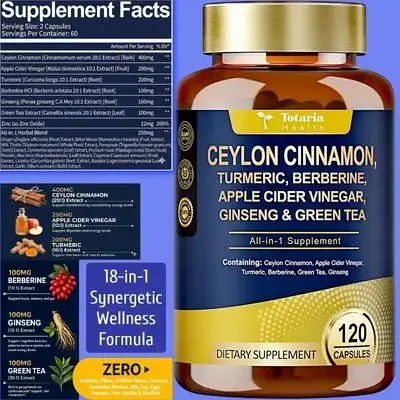 Organic Ceylon Cinnamon, with Berberine, Ceylon Cinnamon Supplement, Apple Cider Vinegar, Turmeric, Bitter Melon, Milk Thistle, for Metabolism, Energy, Heart, Detox, Weight Loss, Blood Sugar, 18 in 1, 120 Counts Ceylon Cinnamon