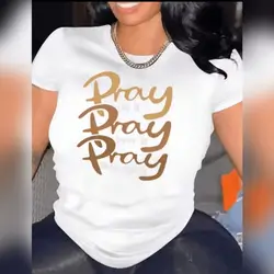 INAWLY Plus Size Women's Pray Letter Print Round Neck T-Shirt - 4XL