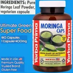 Moringa, Pure Dried Leaf Powder, Green Blast of Nutrients, Rich in Antioxidants, Amino Acids, Vitamins, Minerals, 100% Pure, Super Food, 180 Capsules Moringa