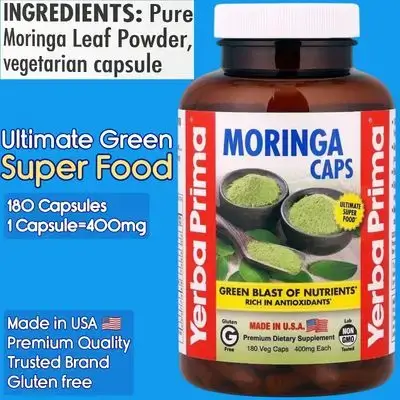 Moringa, Pure Dried Leaf Powder, Green Blast of Nutrients, Rich in Antioxidants, Amino Acids, Vitamins, Minerals, 100% Pure, Super Food, 180 Capsules Moringa