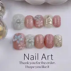 10Pcs Women Short Style Cute Flower Handmade Press on Nails - Larg
