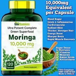 Moringa, 10,000 mg, High Potency Moringa Leaf Extract, Superfood for Energy, Vitality & Antioxidant Support, Immune, Joint, digestion, Bone & skin, Thicker Hair, Powerhouse of Vitamins and Minerals & Antioxidants & Amino Acids, 120 Caps Moringa