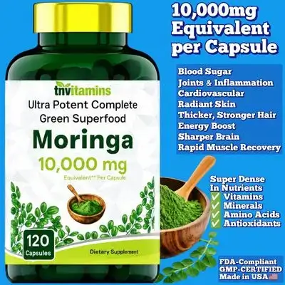 Moringa, 10,000 mg, High Potency Moringa Leaf Extract, Superfood for Energy, Vitality & Antioxidant Support, Immune, Joint, digestion, Bone & skin, Thicker Hair, Powerhouse of Vitamins and Minerals & Antioxidants & Amino Acids, 120 Caps Moringa