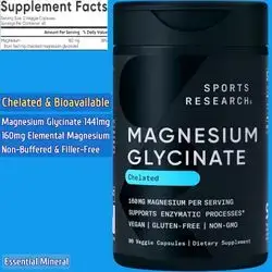 Sports Research ®, Magnesium Glycinate, 160mg Elemental Magnesium, 1441mg Cheletated Magnesium, Gentle on the Stomach, Non-Buffered, Filler Free, Essential Mineral, magnesium, 90 Capsules magnesium Glycinate