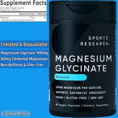 Sports Research ®, Magnesium Glycinate, 160mg Elemental Magnesium, 1441mg Cheletated Magnesium, Gentle on the Stomach, Non-Buffered, Filler Free, Essential Mineral, magnesium, 90 Capsules magnesium Glycinate