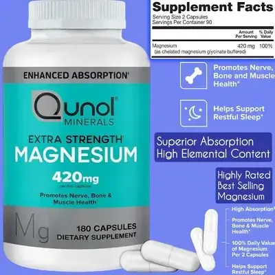 Qunol Magnesium Glycinate 420mg, 100% DV, High Absorption Magnesium, Extra Strength, Bone & Muscle Health, Calcium Management, ORIGINAL USA Made, 180 Count magnesium