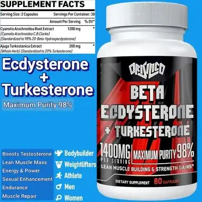 Beta Ecdysterone and Turkesterone, Maximized 98% Beta Ecdysterone & 20% Turkesterone Extract, for Muscle Mass, Strength, Protein Synthesis, Ecdysterone, Turkesterone, 60 Capsules