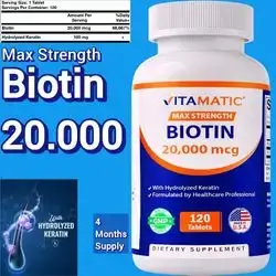 Biotin 20000 mcg, with Keratin 100mg, Biotin, Hydrolyzed Keratin, Max Strength, Stronger Hair, Beautiful Skin, Shinier Nails, for Adults, Men & Women, Fights Hair Loss, Aging Skin, 120 Tablets Biotin