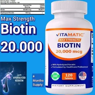 Biotin 20000 mcg, with Keratin 100mg, Biotin, Hydrolyzed Keratin, Max Strength, Stronger Hair, Beautiful Skin, Shinier Nails, for Adults, Men & Women, Fights Hair Loss, Aging Skin, 120 Tablets Biotin 