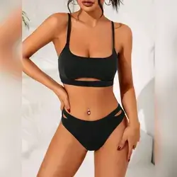 Swim Basics Solid Cut-Out Cami Bra & Bikini Bottom 2 Pcs - Large