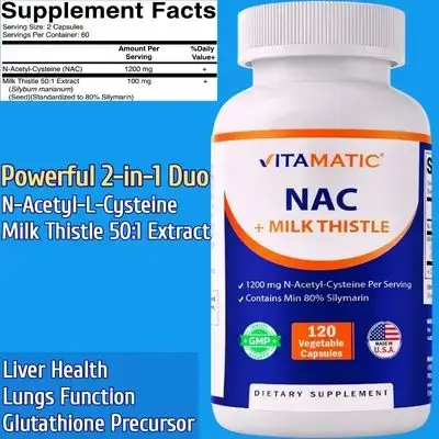 NAC, N-Acetyl-L-Cysteine, with Milk Thistle 50:1 Extract, Supports Immune, Respiratory, Liver Health, NAC 600mg per Capsule, 1200 mg per Serving, 120 Caps Nac