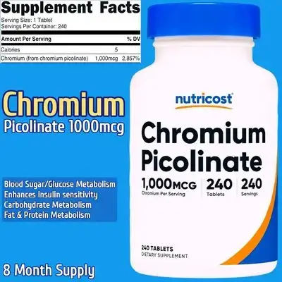 Nutricost, Chromium Picolinate, 1000mcg, Chromium, Glucose Cofactor, Insulin Sensitivity, Carbs Fats Proteins metabolism, Supports blood sugar metabolism, 240 Tablets chromium 