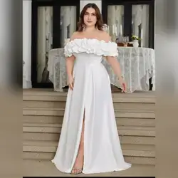 UNITHORSE Plus Size 1pc Off Shoulder Cloud Pleated Waist Slim A-Line Side Slit Simple White Wedding Dress - XL