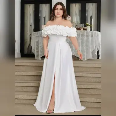 UNITHORSE Plus Size 1pc Off Shoulder Cloud Pleated Waist Slim A-Line Side Slit Simple White Wedding Dress - XL