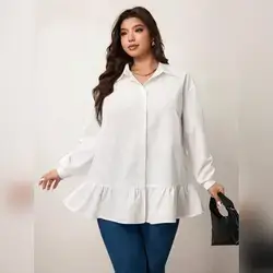 Enliva Plus Size Ruffle Hem Long Sleeve Blouse - 2XL