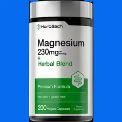 Horbaach Magnesium 230mg | Plus Herbal Blend - Organic Fiber Blend | 200 Capsules Magnesium