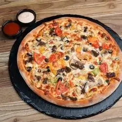 Meat, Chicken, and Vegetable Pizza with Cheese