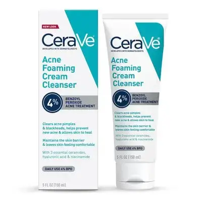 CeraVe Acne Foaming Cream Cleanser | Acne Treatment Face Wash with 4% Benzoyl Peroxide, Hyaluronic Acid, and Niacinamide | Cream to Foam Formula | 5 Oz