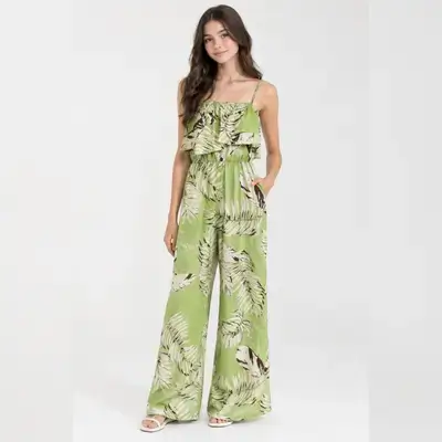 SHEIN Teen Tropical Leaf Print Cami Jumpsuit - 16 Years