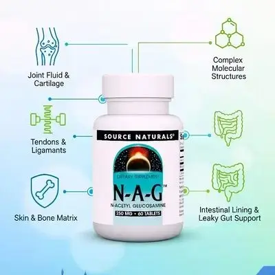 Source Naturals N-A-G, N-Acetyl Glucosamine for Joint Support and Intestinal Lining, leaky gut, arthritis, shoulder pain, knee pain, 250 mg, 60 Tablets