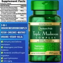 Triple Mushroom Complex, Reishi - Shiitake - Maitake, polysaccharide compound, Beta Glucan, Boosts Immune system, Stress Resilience, Sugar and lipid optimization, 60 Capsules