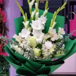 A Bouquet Of Natural Roses, Eucalyptus, Gladiolus And Many Accessories.