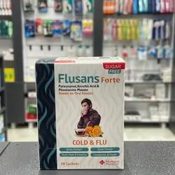 FLUSANS FORTE SUGER FREE FOR COLD & FLU BODY ACHES , SORE THROAT , RUNNY NOSE & SNEEZING , HEADACHE & FEVER 10 SACHETS