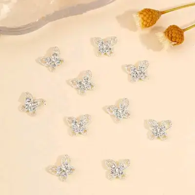 10pcs Nail Charms, Butterfly-Shaped Diamond-Encrusted Silver Nail Charms