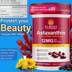 Astaxanthin, 12mg Per ONE Softgel, Natural Astaxanthin from Haematococcus Pluvialis, Triple Strength, for Eyes, Skin, Joints & Immunity, Anti aging, Beauty, hair growth, 120 Count Astaxanthin