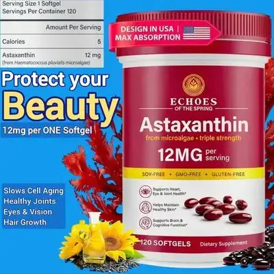 Astaxanthin, 12mg Per ONE Softgel, Natural Astaxanthin from Haematococcus Pluvialis, Triple Strength, for Eyes, Skin, Joints & Immunity, Anti aging, Beauty, hair growth, 120 Count Astaxanthin 
