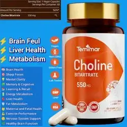 Choline, Supports Liver & Brain Health, High Absorption, Choline Bitartrate, 550mg, Fetal Health, Made in USA, 60 Caps Choline